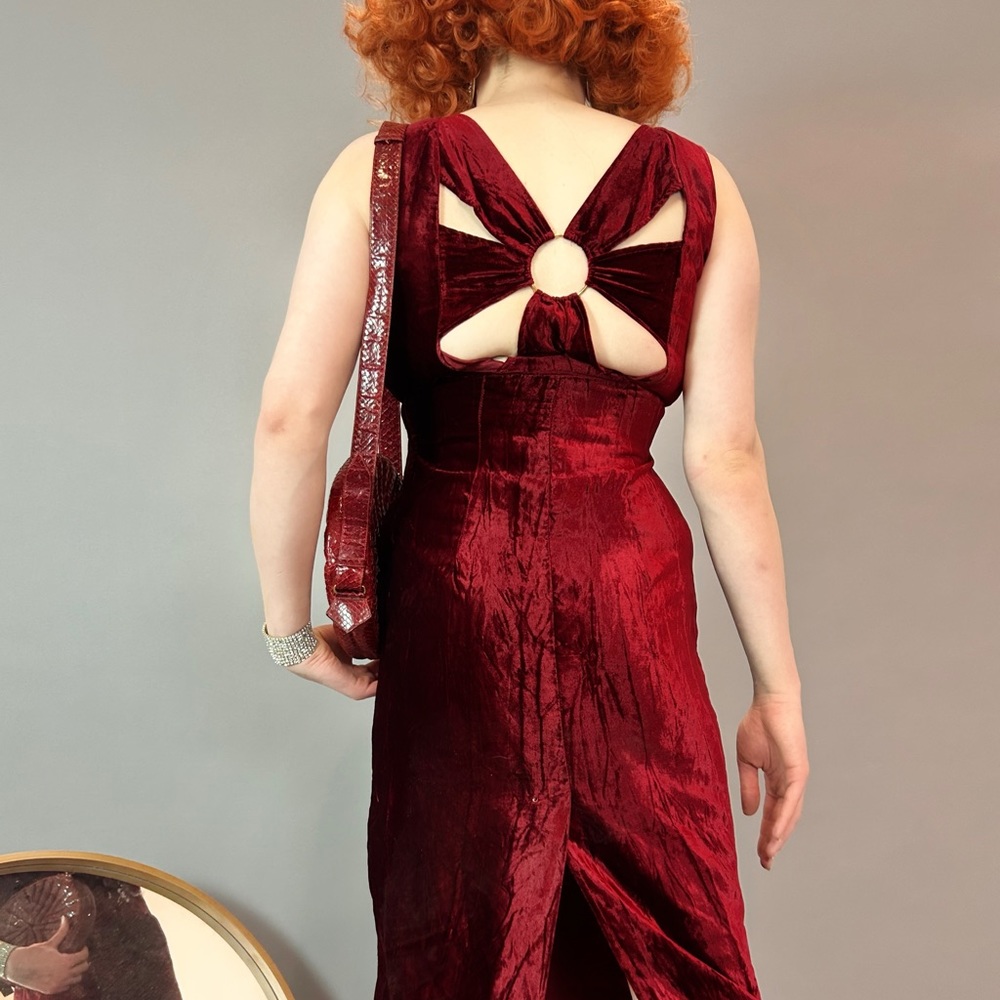 Vintage 90s Burgundy Velvet Cut-Out O-Ring Back Evening Dress